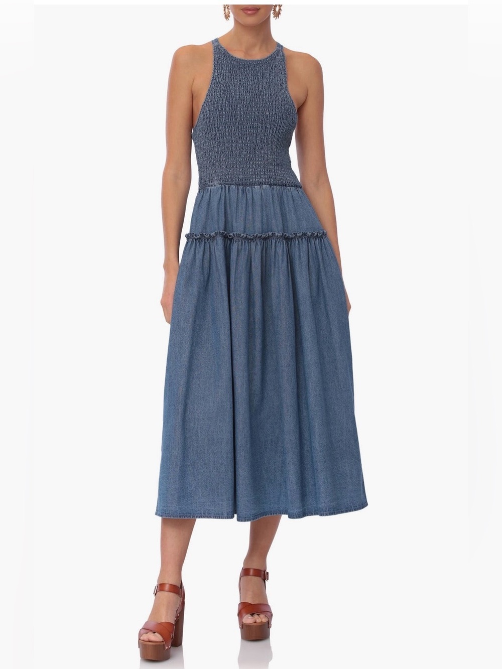 Avec Les Filles Blue Smocked Denim Midi Dress